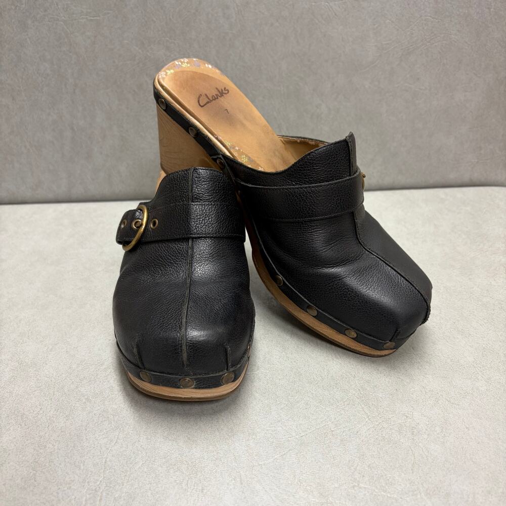 Clarks Wooden Look Block Heel Leather Clogs Retro Boho Hippie Cottagecore 7.5
